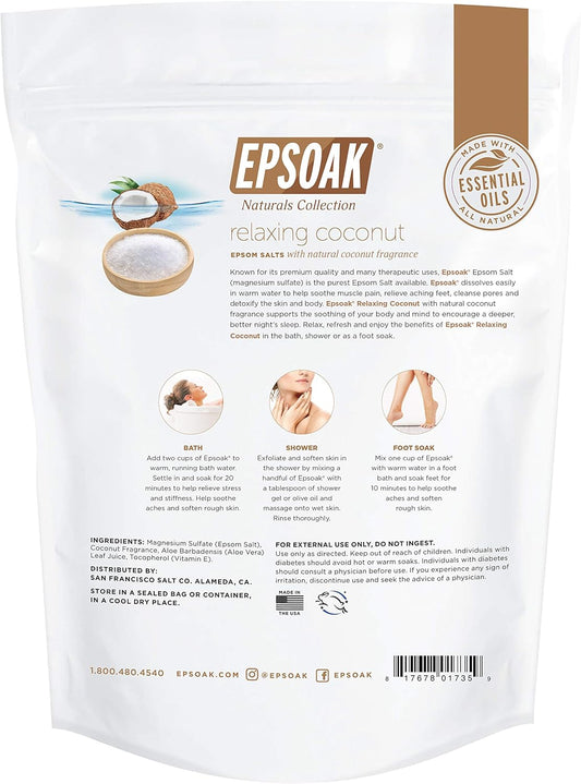 Epsoak Epsom Salt 2 Lb. Magnesium Sulfate Usp. (Qty. 1 X 2Lb. Bag), Natural Coconut Scented, Resealable Epsom Salt Bag, Made In The Usa, Cruelty-Free Certified