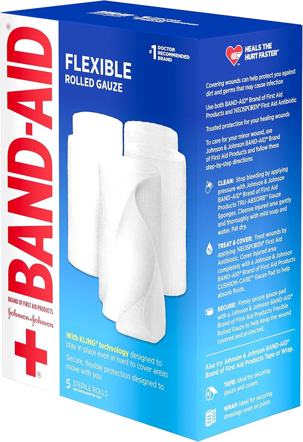 Band Aid Brand of First Aid Products Flexible Rolled Gauze Dressing for Minor Wound Care, Soft Padding and Instant Absorption, 4 Inches by 2.1 Yards, Value Pack 5 ct