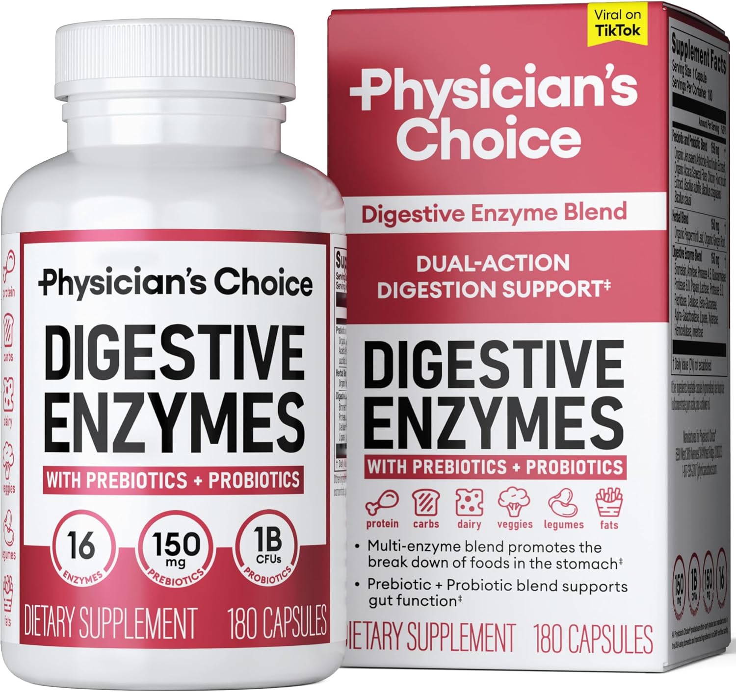 Physician'S Choice Digestive Enzymes - Multi Enzymes, Organic Prebiotics & Probiotics For Digestive Health & Gut Health - For Meal Time Discomfort Relief & Bloating - Dual Action Approach - 180 Ct