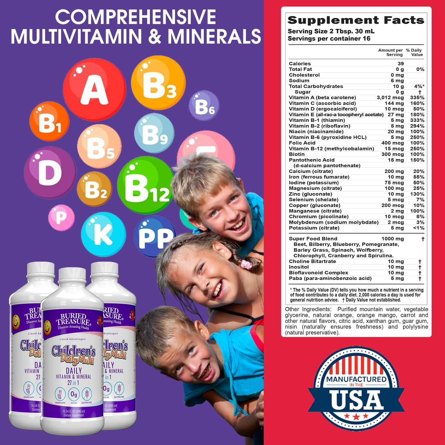 Buried Treasure Children’s Daily Multivitamin - 16 Servings Citrus Flavor, Essential Vitamin & Minerals : Health & Household