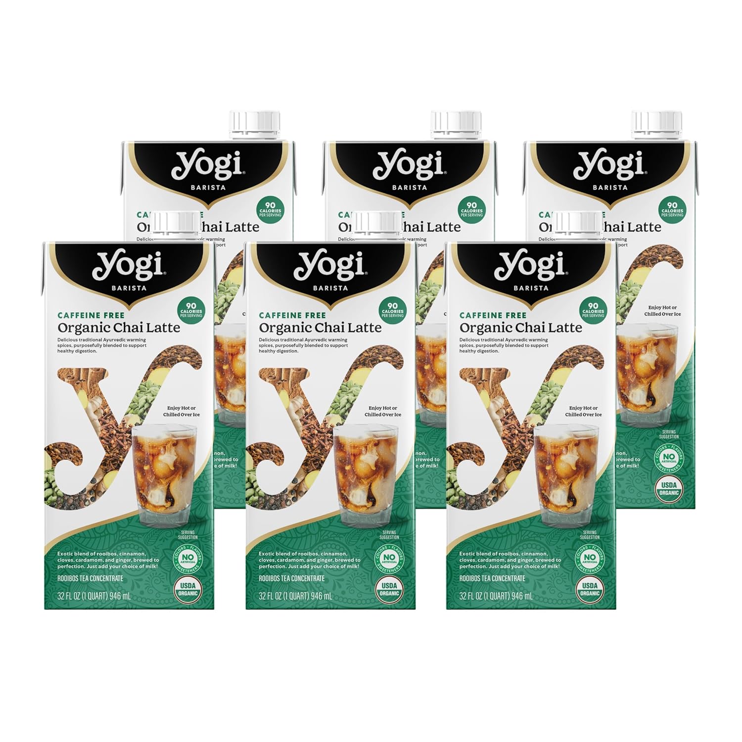 Yogi Barista Caffeine-Free Organic Chai Latte - 32 Fluid Oz (6 Pack) - Organic Chai Tea Concentrate - Supports Healthy Digestion - Includes Rooibos Tea, Ginger, Cardamom, Cinnamon & More