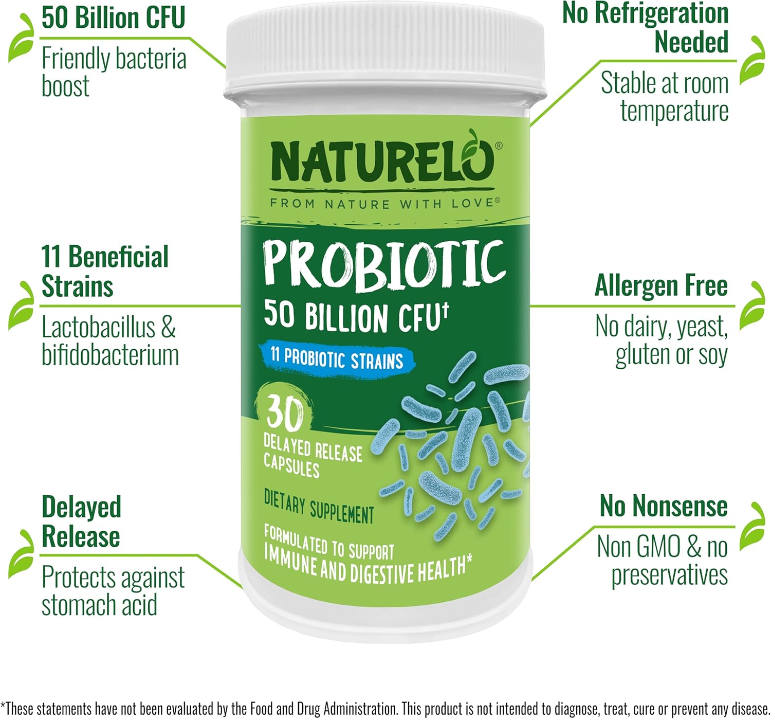 NATURELO Probiotics for Digestive Health - 50 Billion CFU, 11 Strains Daily Supplement - Boosts Immune System, Delayed Release, 30 Vegetarian Capsules