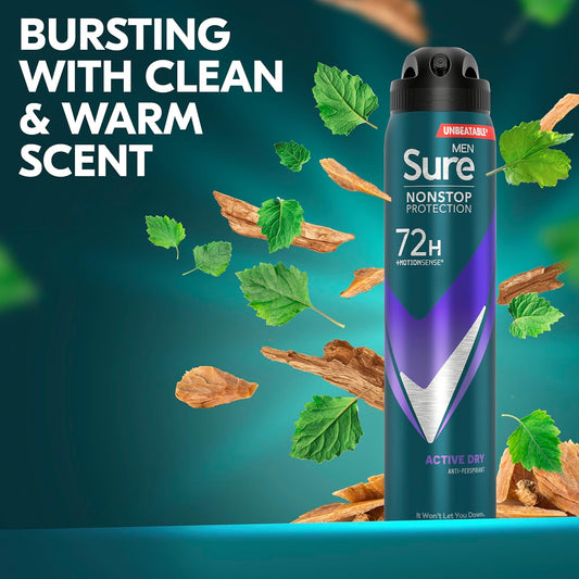 Sure Men Nonstop Protection Active Dry Antiperspirant Deodorant With Body Heat Activated Technology Spray For 72-Hour Odour And Sweat Protection 250 Ml