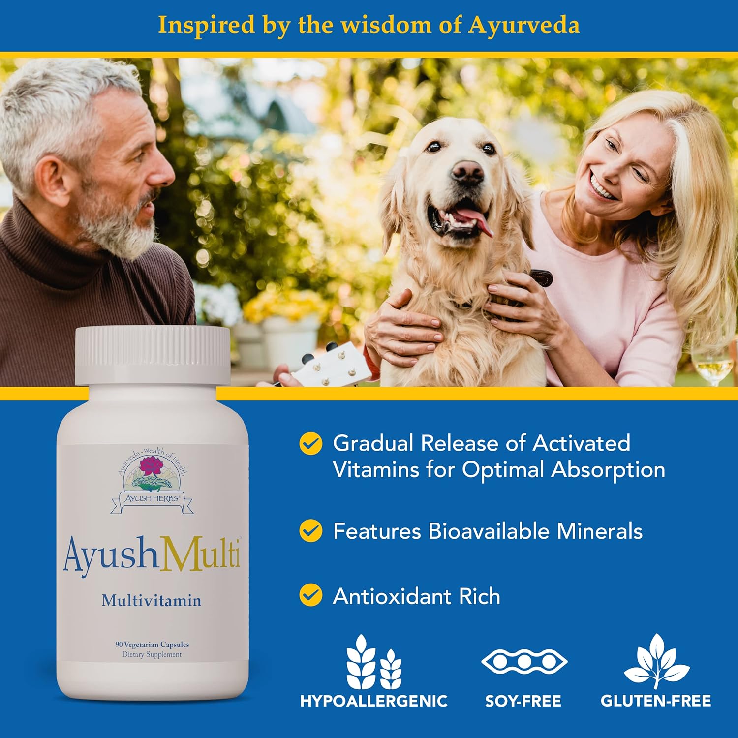 Ayush Herbs Multi, All-Natural High Antioxidant Multivitamin for Women and Men, Active B Vitamin and Chelated Mineral Supplements, Daily Vitamins for Adults, 90 Vegetarian Capsules