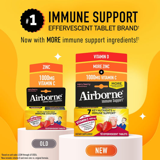 Vitamin C 1000Mg (Per Serving) - Airborne Very Berry Effervescent Tablets (10 Count In A Box), Gluten-Free Immune Support Supplement, With Vitamins A C E, Zinc, Selenium, Echinacea & Ginger