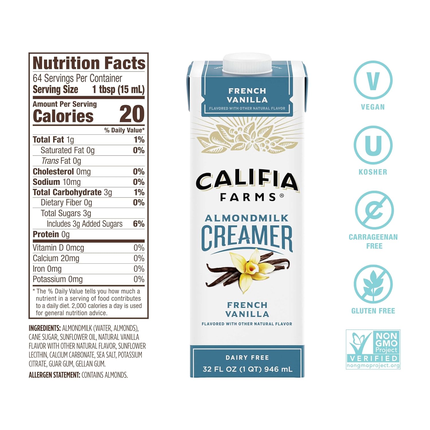 Califia Farms - French Vanilla Almond Milk Coffee Creamer, 32 Oz (Pack Of 6), Shelf Stable, Dairy Free, Plant Based, Vegan, Gluten Free, Non Gmo, Almond Creamer