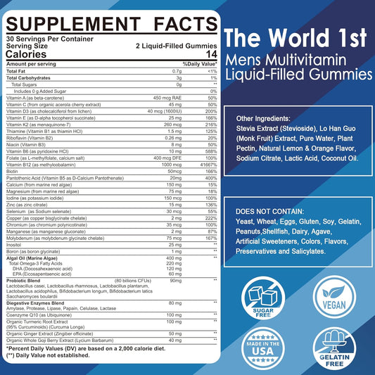 Mens Multivitamins Gummies, Multiminerals, Vegan Omega 3, Coq10, Probiotics, Daily Mens Vitamins A C D3 E B6 B12, Methylated Multivitamin For Men - Energy, Immunity, Sugar Free, Vegan (No Iron) 60 Cts