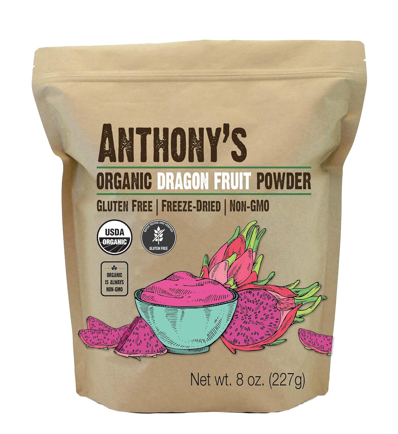 Anthony's Organic Dragon Fruit Powder, 8 oz, Freeze Dried, Gluten Free, Non GMO