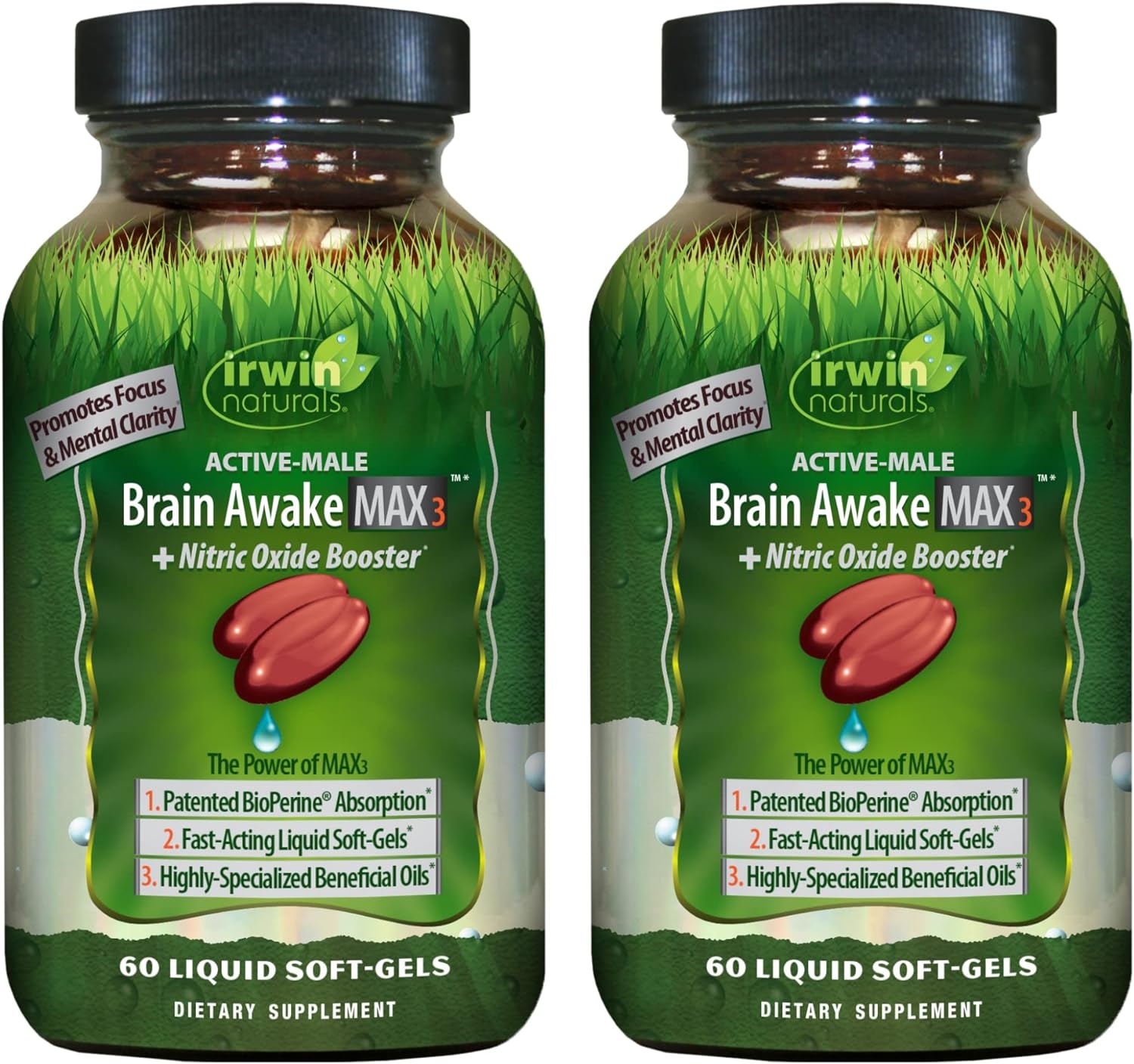 Irwin Naturals Brain Awake Max3 + Nitric Oxide Booster - 60 Liquid Soft-Gels, Pack Of 2 - Support Brain Health & Optimize Performance - 40 Total Servings