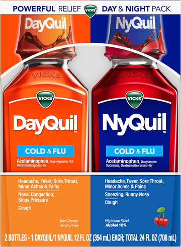 Vicks Dayquil And Nyquil Cherry Cold And Flu Relief Cherry-Flavored Liquid Medicine, Cherry Flavored, Combo Pack, 2 X 12 Fl Oz Bottles