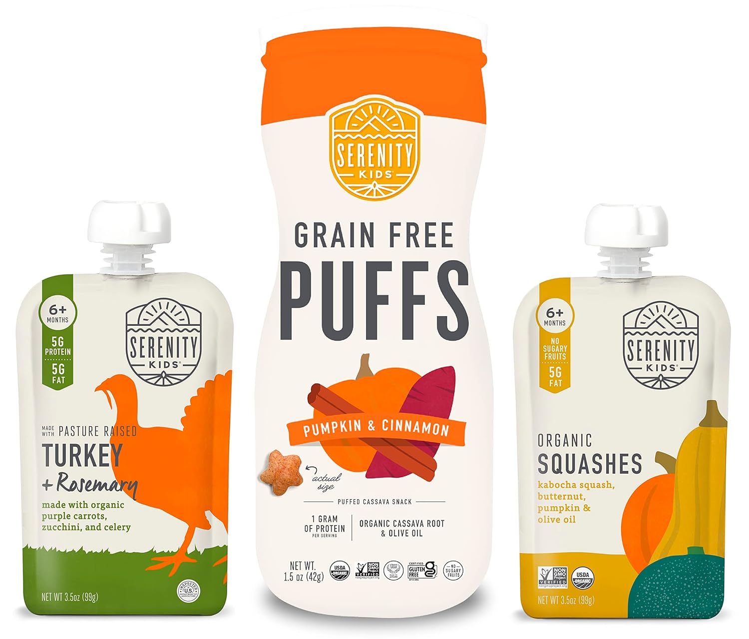 Serenity Kids Fall Harvest Flavors Baby Food And Snack Bundle | 6 Each Of Pumpkin & Cinnamon Grain Free Puffs, Ethically Sourced Turkey & Rosemary Pouches, And Organic Squashes Pouches (18 Count)