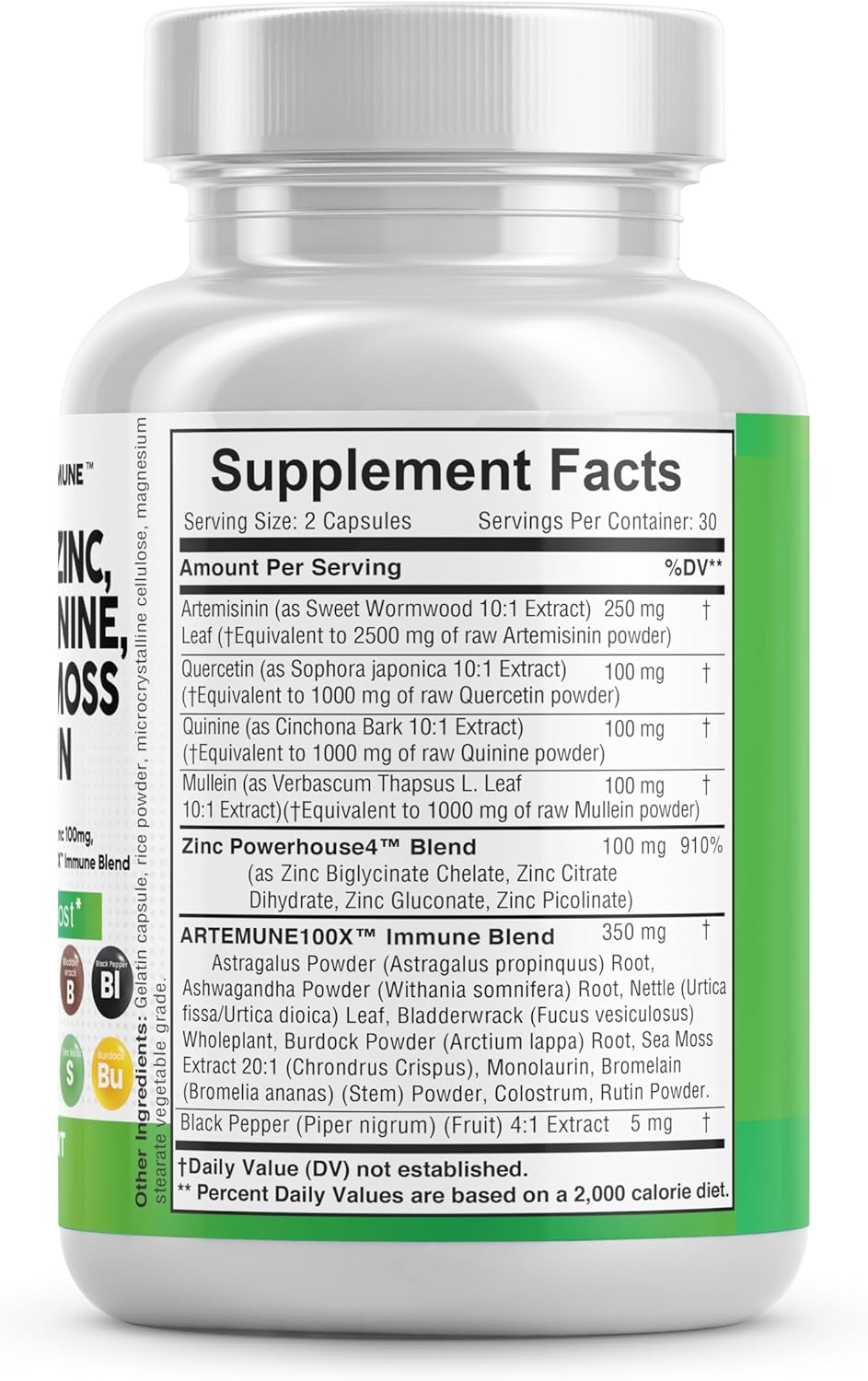 Clean Nutraceuticals Artemisinin 2500mg Quercetin 1000mg Zinc 100mg Mullein Quinine Supplement with Sea Moss Bromelain Ashwagandha Root Nettle Leaf Bladderwrack Burdock Root Monolaurin Colostrum Rutin : Health & Household