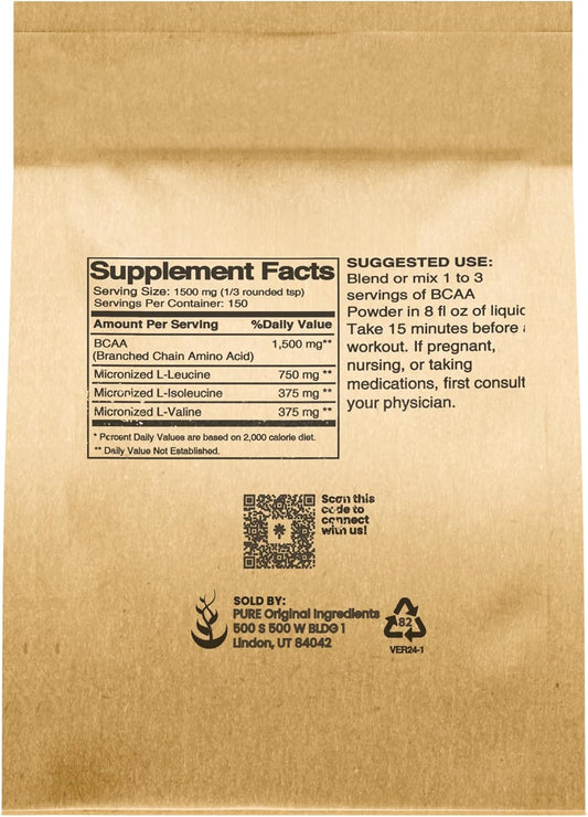 Pure Original Ingredients Unflavored Instantized Bcaa (8Oz) Powder, Branched Chain Essential Amino Acids, Supplement (8 Ounce)