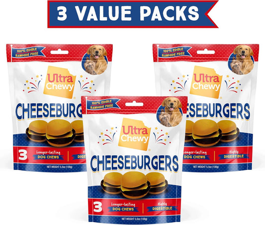Ultra Chewy Cheeseburgers: Long-Lasting Treats For Large And Small Breeds, Highly Digestible, Made With Real Chicken (3 Value Packs)
