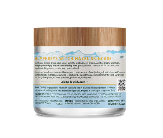 Humphreys Witch Hazel Nourishing Cleansing Pads | Wild Harvested Witch Hazel & Aloe | Hydrating, Natural Alcohol-Free Formula | 60 Rounds