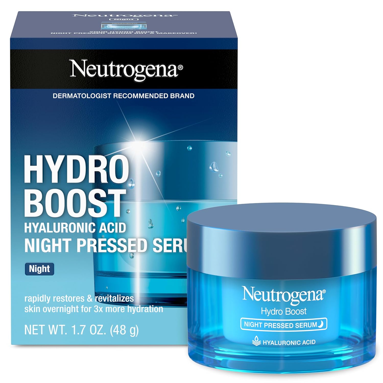 Neutrogena Hydro Boost Night Pressed Serum With Hyaluronic Acid For Face With Pro Vitamin B5, Rich Hydrating Face Serum For Dry Skin, Oil-Free, Non-Comedogenic, Fragrance Free, 1.7 Oz