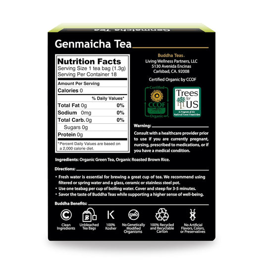 Buddha Teas - Organic Genmaicha Green Tea - For Health & Wellbeing - Herbal Tea - With Antioxidants & Minerals - Clean Ingredients - Caffeinated - Ou Kosher & Organic - 18 Tea Bags (Pack Of 1)