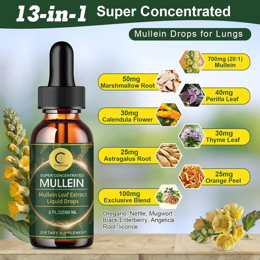 Mullein Drops For Lungs - Lung Cleanse & Detox - Vegan Mullein Leaf Extract Liquid Tincture, Support For Respiratory, Immune, Digestive System, Natural Herbal Supplement, Non-Gmo,2 Fl Oz