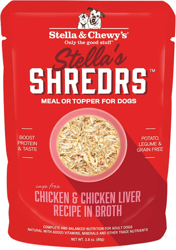 Stella & Chewy'S Stella’S Shredrs Cage Free Chicken & Chicken Liver Recipe In Broth, 2.8 Oz. Pouches (Pack Of 24)