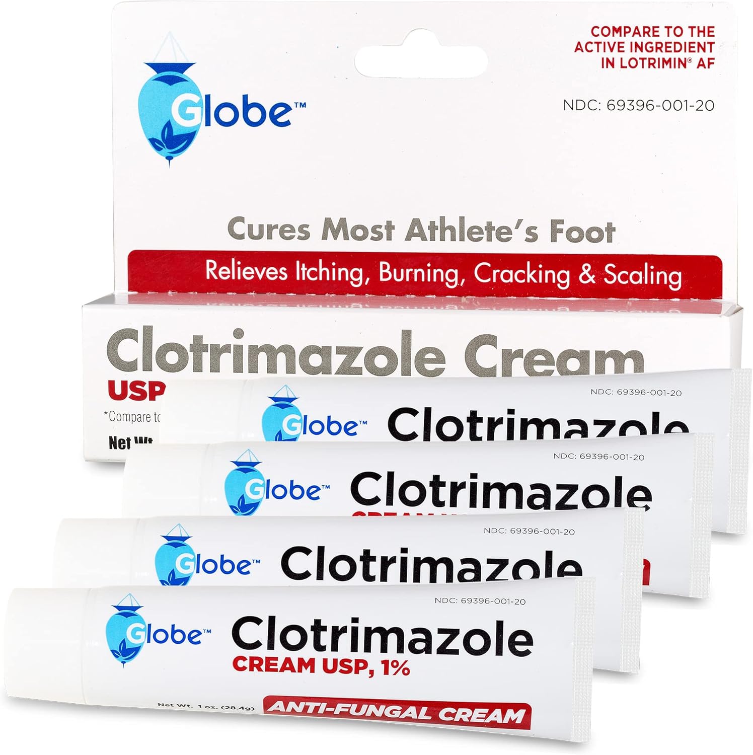 Globe (4 Pack) Clotrimazole Cream 1% (1 oz) Relieves The itching, Burning, Cracking and Scaling associated Athletes Foot, Jock Itch, Ringworm and More. : Health & Household