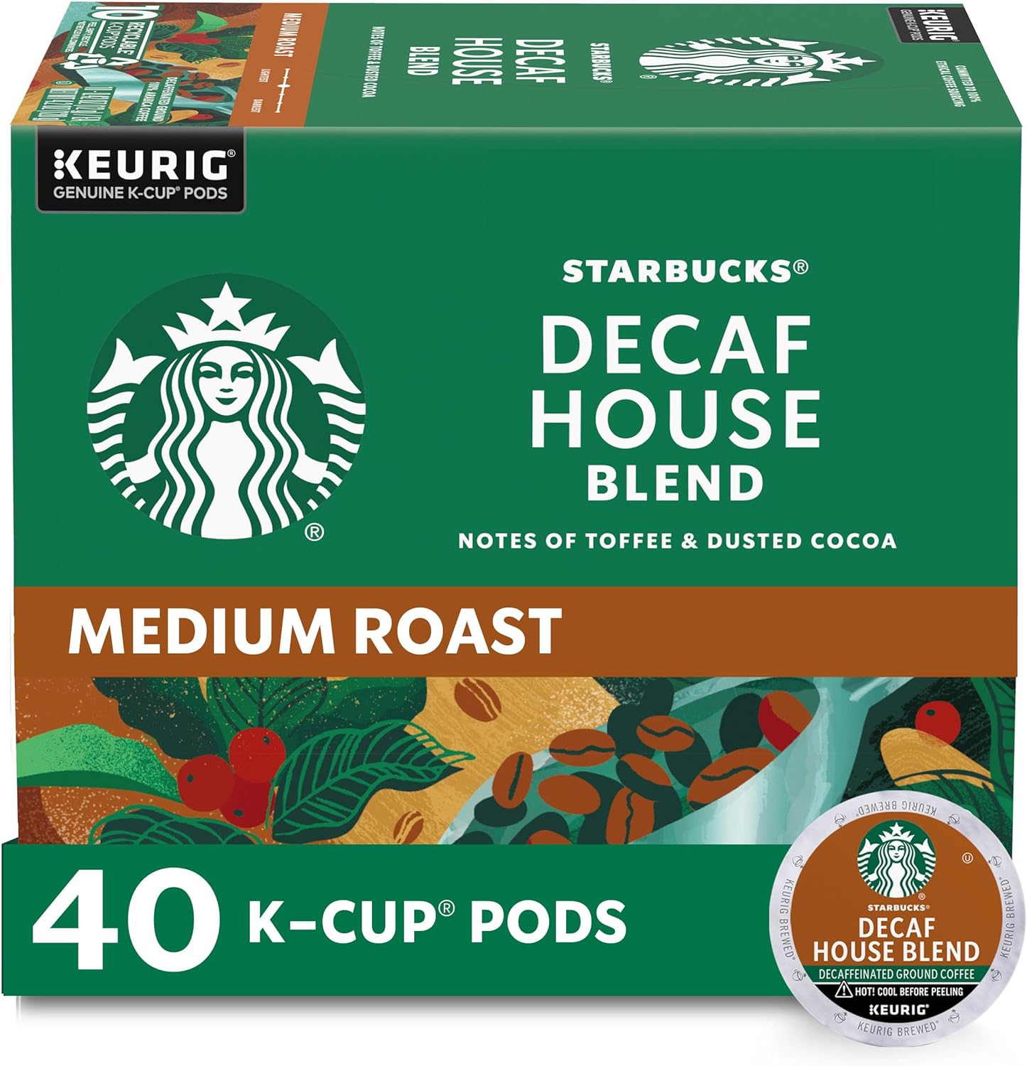 Starbucks Decaf K-Cup Coffee Pods, House Blend for Keurig Brewers, 1 box (40 pods)