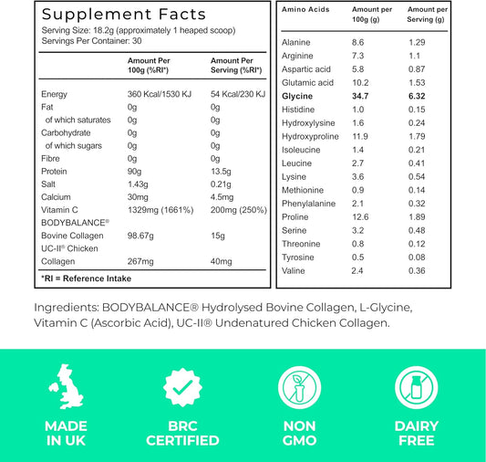 Ultimate Collagen Peptides By Lls - Hydrolysed Bovine Collagen Powder Types 1, 2 & 3 + Vitamin C & Glycine - Joint, Ligament, Tendon Strength & Muscle Building - Unflavoured, 547G, 30 X 18G Servings