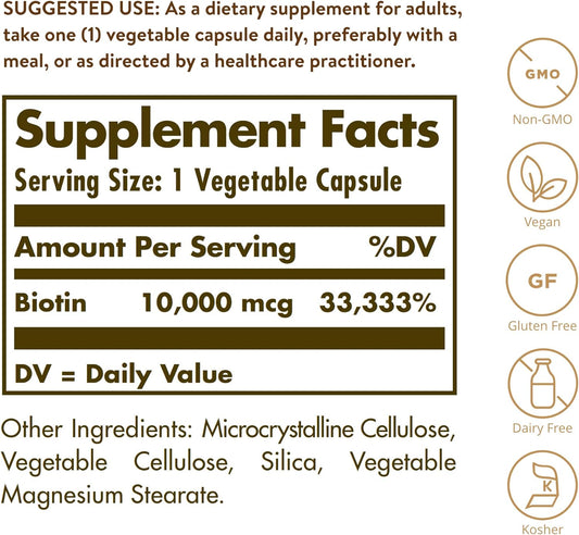 Solgar Biotin 10,000 Mcg, 120 Vegetable Capsules - Energy, Metabolism, Promotes Healthy Skin, Nails & Hair - Super High Potency - Non-Gmo, Vegan, Gluten, Dairy Free, Kosher - 120 Servings