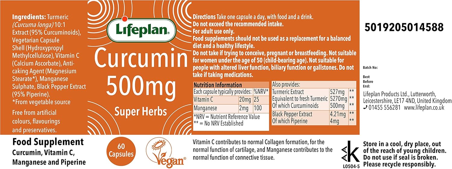 Lifeplan Super Herbs Curcumin 500mg (60 Capsules) — with Vitamin C and Manganese and Piperine — 60-Day Supply : Amazon.co.uk: Health & Personal Care