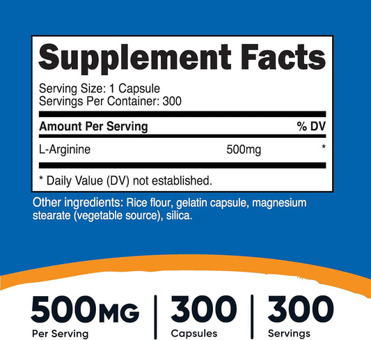 Nutricost L-Arginine 500Mg, 300 Capsules - Gluten Free And Non-Gmo