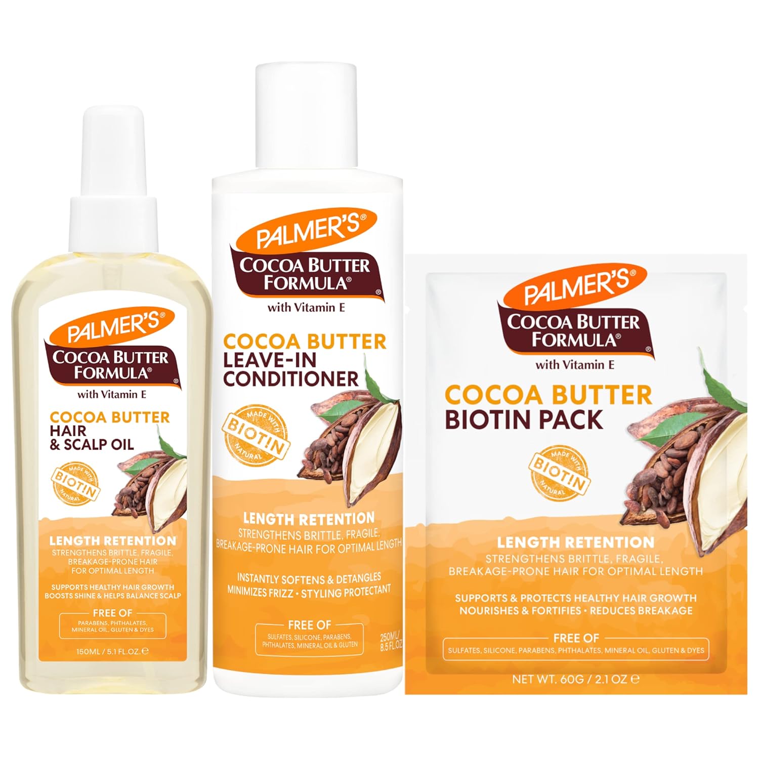 Palmer's Hair & Scalp Oil + Leave In Conditioner + Hair Biotin Pack, Cocoa Butter Hair Care Bundle, Includes 1 Hair & Scalp Oil Spray (5.1 fl oz), 1 Conditioner (8.5 fl oz), 1 Packette (2.1 oz)