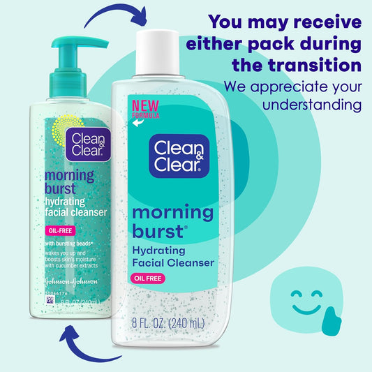 Clean & Clear Morning Burst Oil-Free Hydrating Facial Cleanser With Bha, Cucumber & Aloe Extracts, Face Wash Gently Removes Oil & Pore Clogging Impurities, 8 Fl. Oz