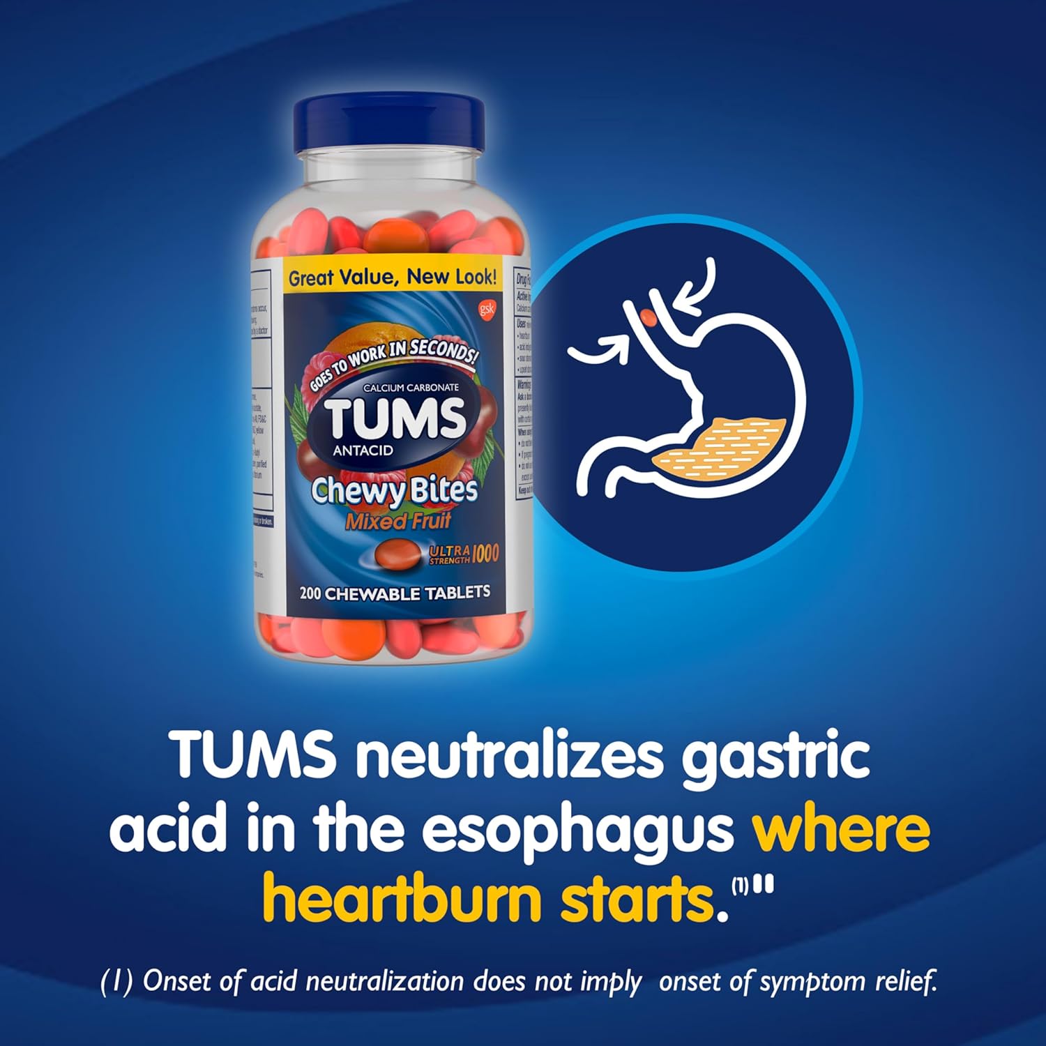 TUMS Chewy Bites Chewable Antacid Tablets for Ultra Strength Heartburn Relief, Great for a Summer BBQ- Mixed Fruit - 200 Count : Health & Household