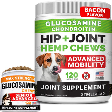 Strellalab 120Ct Hemp Glucosamine + 120Ct Glucosamine Treats For Dogs Bundle - Joint Pain Relief + Advanced Mobility - Hemp Oil, Chondroitin, Msm + Omega-3 Fish Oil - Hip & Joint Care - Made In Usa