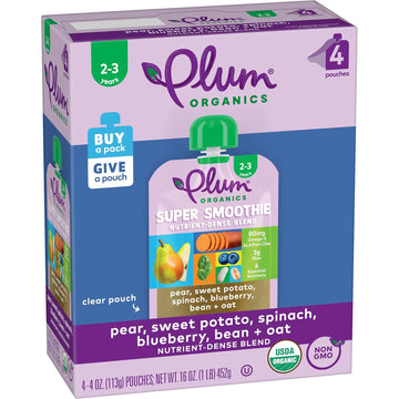 Plum Organics Super Smoothie Organic Toddler Food - Pear, Sweet Potato, Spinach, Blueberry, Bean, And Oat - 4 Oz (Pack Of 4)
