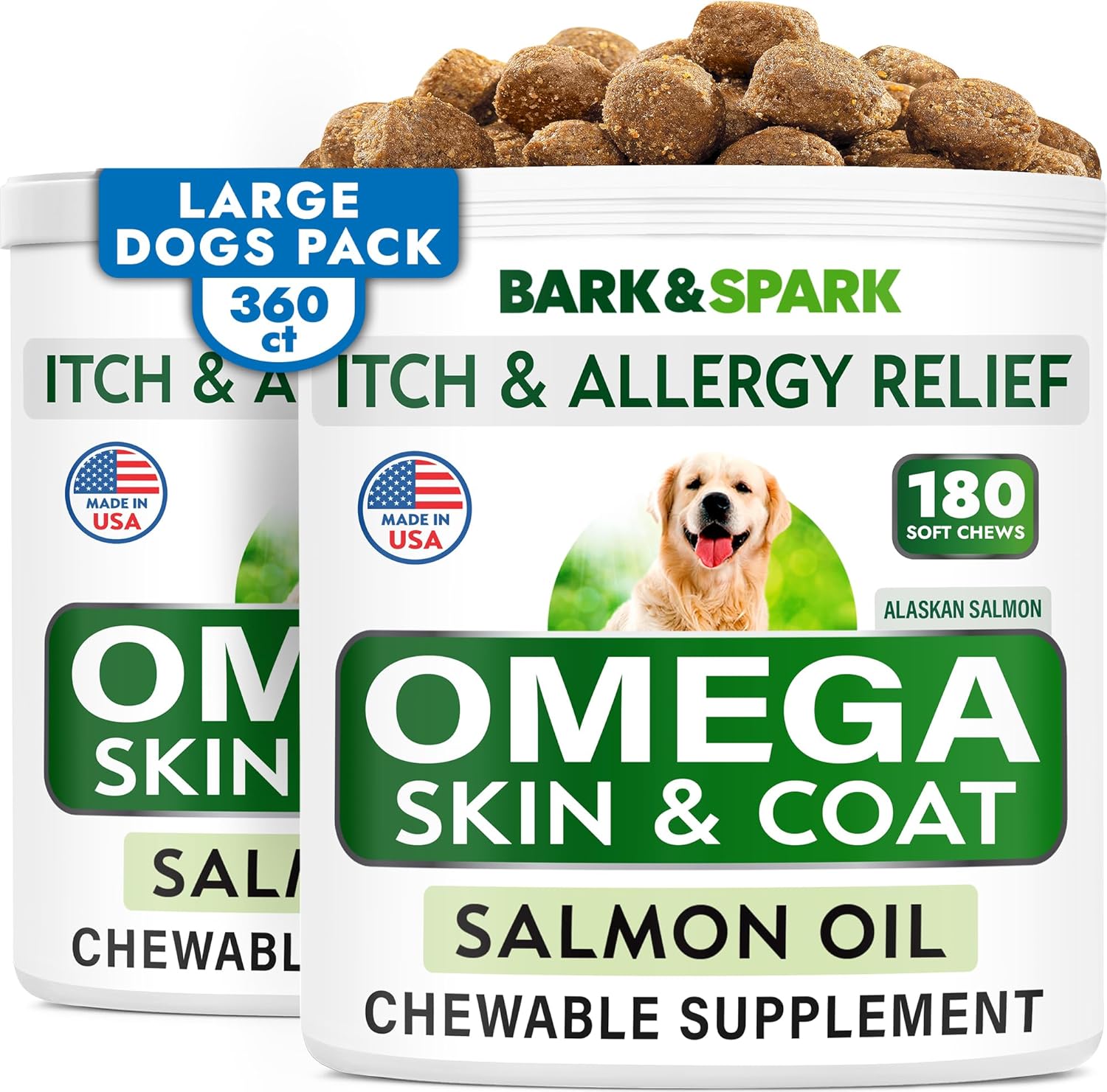 Bark&Spark Omega 3 For Dogs - 360 Fish Oil Treats For Dog Shedding, Skin Allergy, Itch Relief, Hot Spots Treatment - Joint Health - Skin And Coat Supplement - Epa & Dha Fatty Acids - Alaskan Salmon