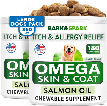 Bark&Spark Omega 3 For Dogs - 360 Fish Oil Treats For Dog Shedding, Skin Allergy, Itch Relief, Hot Spots Treatment - Joint Health - Skin And Coat Supplement - Epa & Dha Fatty Acids - Alaskan Salmon