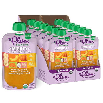 Plum Organics Mighty 4 Organic Toddler Food - Banana, Peach, Pumpkin, Carrot, Greek Yogurt, And Oat - 4 Oz Pouch (Pack Of 12) - Organic Fruit And Vegetable Toddler Food Pouch