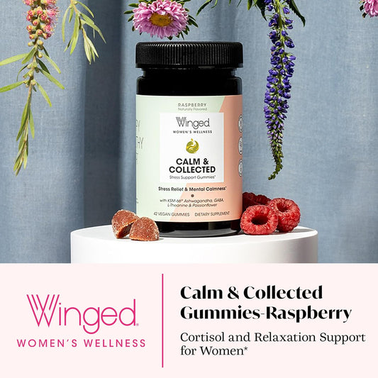 Winged Wellness Calm & Collected, Stress Relief Gummies - Stress Support Supplement With Ksm-66 Ashwagandha, L-Theanine, Gaba & Passionflower - Vegan & Gluten-Free Gummy - Raspberry, 42 Count