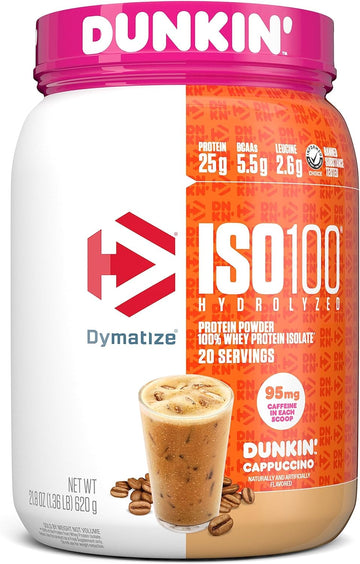 Dymatize X Dunkin' Cappuccino Iso100 Whey Protein Powder, 95Mg Caffeine, 25G Of Protein, 20 Servings, 5.5G Bcaas, 120 Cal., Gluten Free, 1G Fat, 1G Sugar, 2G Carb