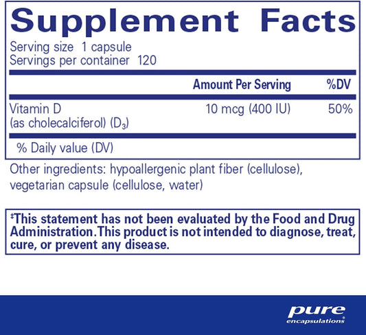 Pure Encapsulations Vitamin D3 10 mcg (400 IU) | Hypoallergenic Support for Bone, Breast, Cardiovascular, Colon and Immune Health | 120 Capsules