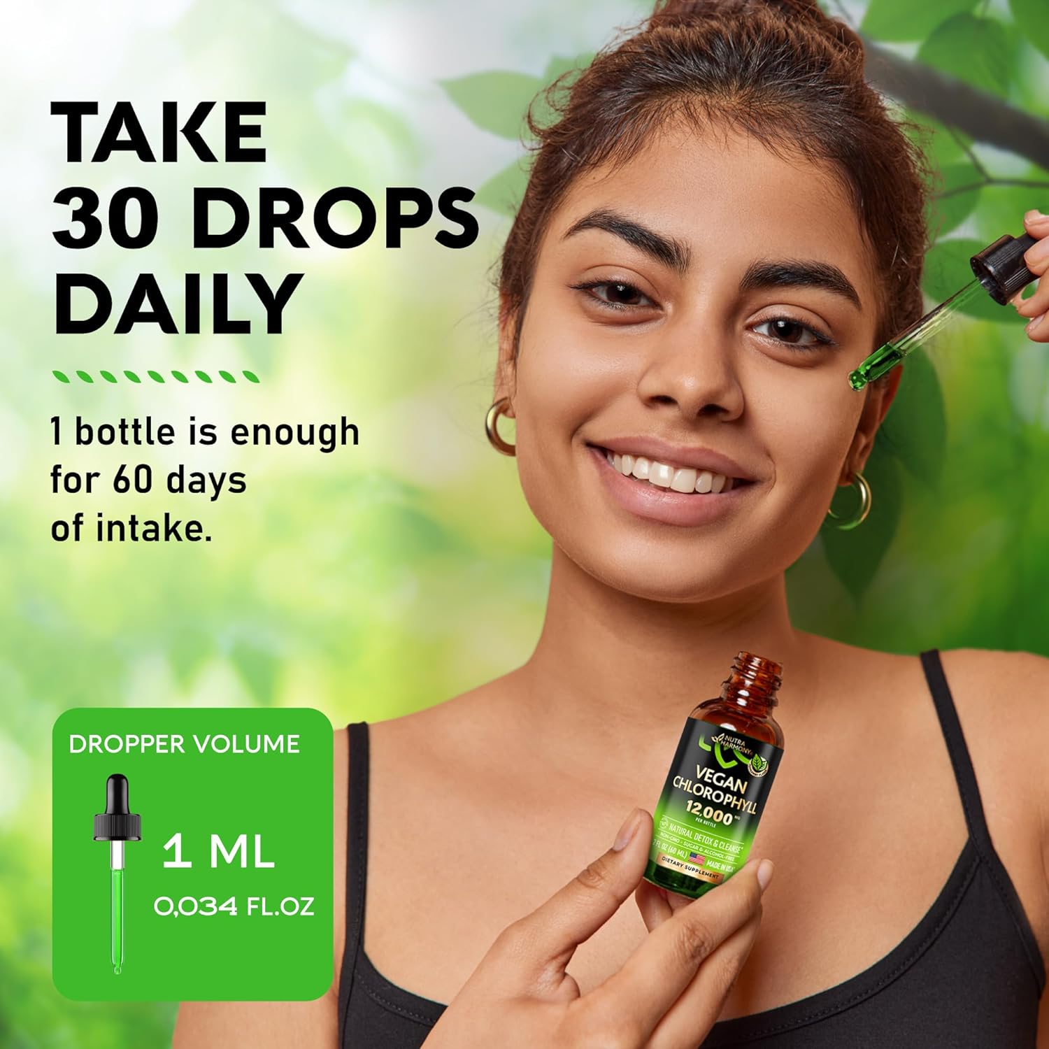 Vegan Chlorophyll Liquid Drops - Oxygen & Energy Boost, Skin Cleanse - Made in USA Trusted Quality - Natural Deodorant & Detox - 12000 mg Extra Strength Supplement - 2 Month Supply, Fresh Mint Flavor