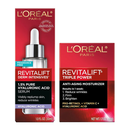 L'Oreal Paris Revitalift 1.5% Pure Hyaluronic Acid Face Serum + Triple Power Anti-Aging Face Moisturizer, 1 Kit