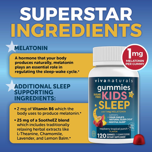 Kids Sleep Gummies with Melatonin 1 mg - Vegan, Gluten and Sugar-Free Chewable Sleep Support Gummy for Children Ages 3+ - for Calming & Occasional Restlessness - 120 Count - Raspberry Tropical Punch