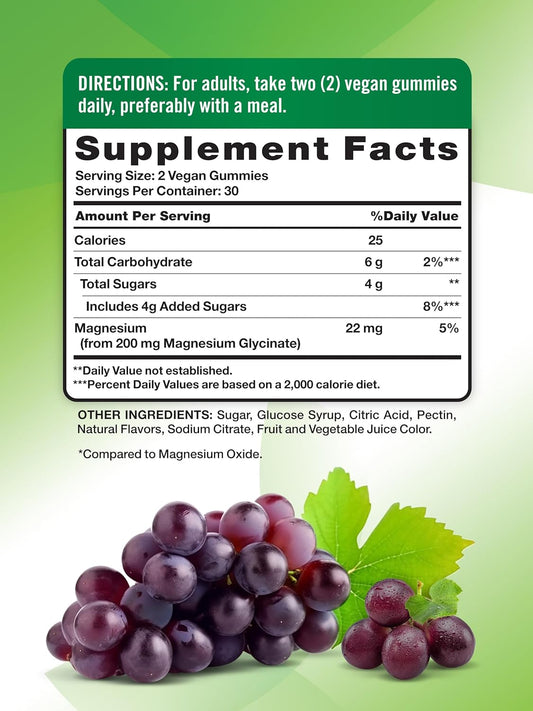 Nature'S Truth Magnesium Glycinate Gummies For Adults | 200Mg | 60 Count | Vegan, Non-Gmo & Gluten Free Supplement | Grape Flavor