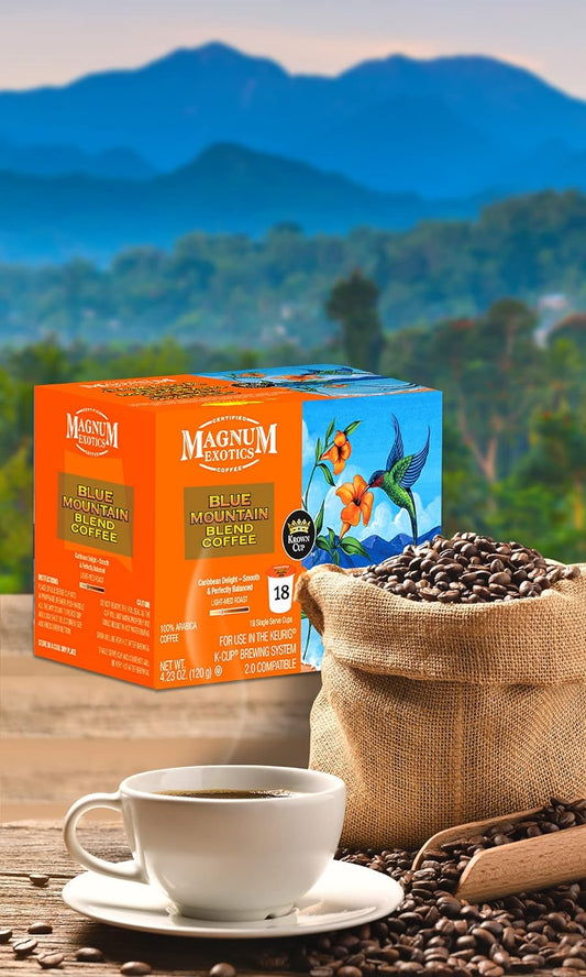 Magnum Exotics Coffee, Blue Mountain Coffee Blend - Medium-Light Roast, Ground Coffee Pods, Single Serve, Made With 100% Arabica Coffee Beans, Freshly Roasted Beans, Mild Acidity - Blue Mountain Blend, 18 Count