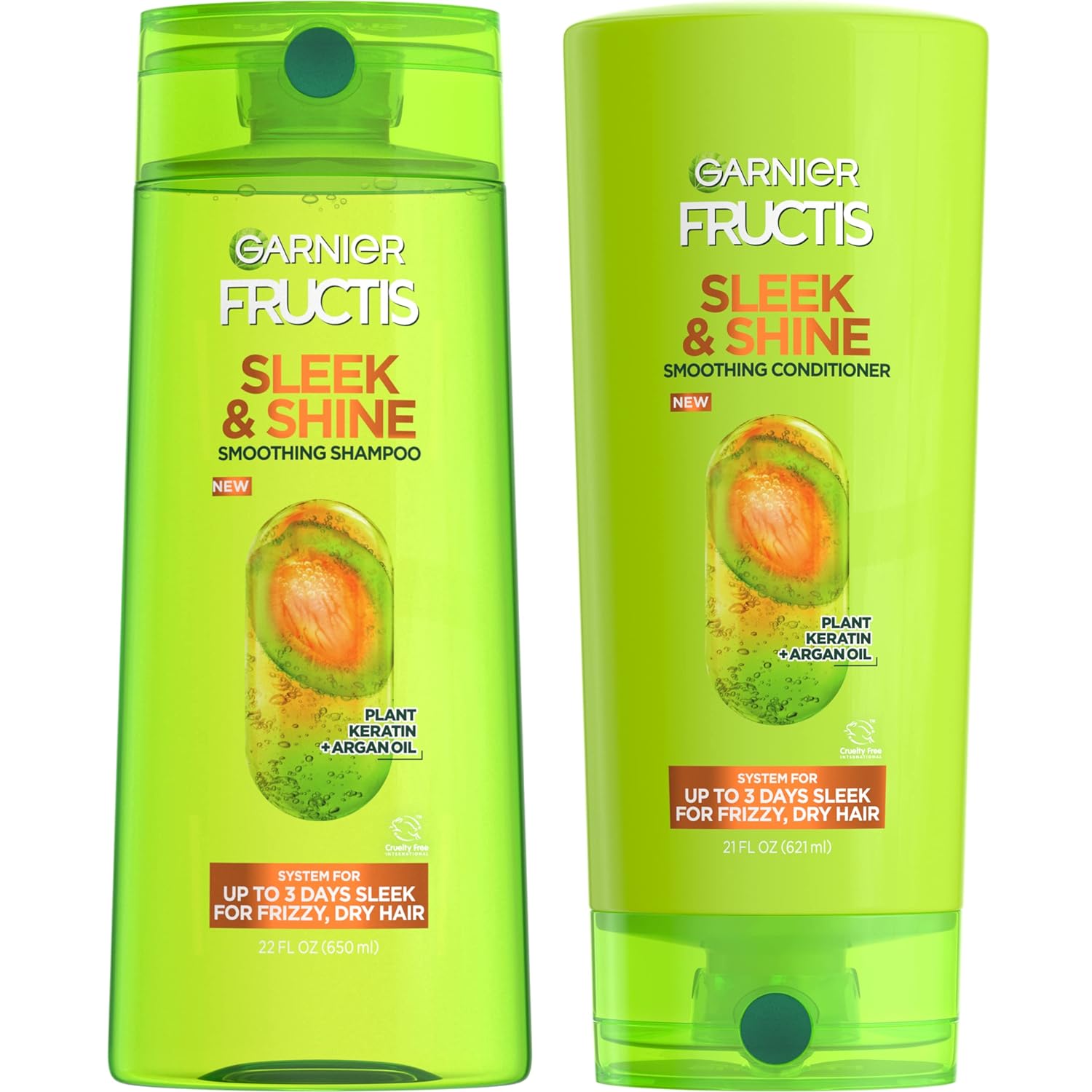 Garnier Fructis Sleek & Shine Shampoo (22 Fl Oz) + Conditioner (21 Fl Oz) Set For Frizzy, Dry Hair, Plant Keratin + Argan Oil (2 Items), 1 Kit (Packaging May Vary)