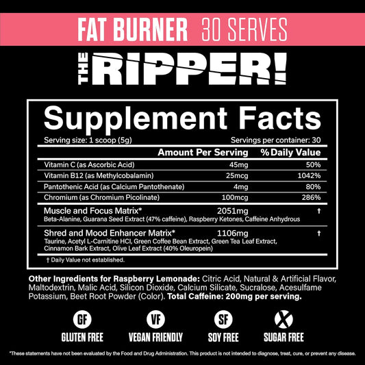 Jnx Sports The Ripper! Shredding Thermogenic Fat Burner - Raspberry Lemonade 30 Servings | Advanced Fast Acting Thermogenic Pre-Workout, Appetite Suppressant For Men & Women