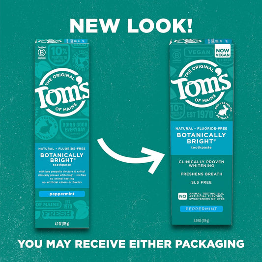 Tom’s of Maine Botanically Bright Natural Whitening Toothpaste, Fluoride Free and SLS Free, Vegan, Peppermint, 3 Pack, 4.0 Oz