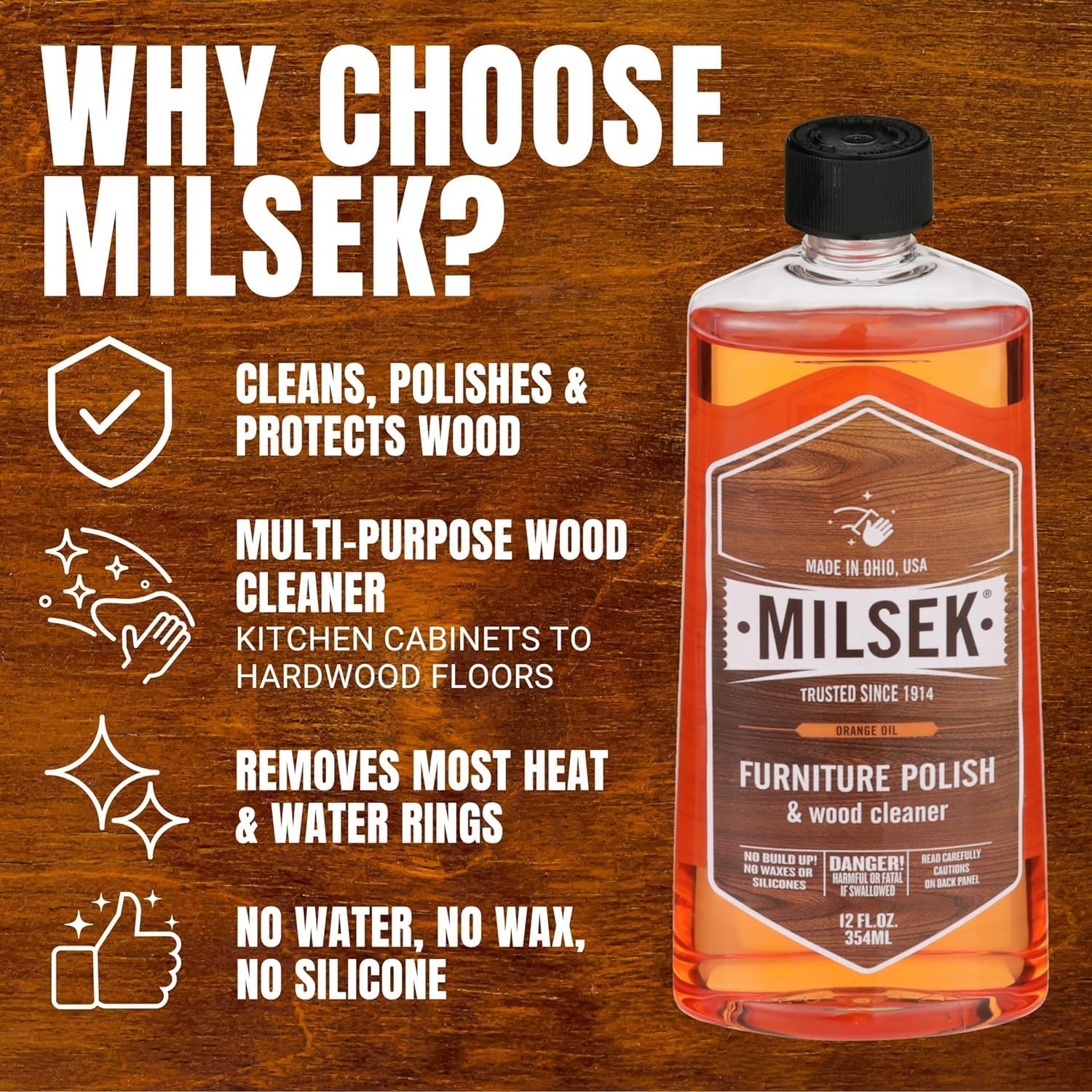 Milsek Furniture Polish and Wood Cleaner with Orange Oil - Multipurpose Cleaning Supplies for Home and Household from Hardwood Floors to Kitchen Cabinets- 12 Fl Oz (Pack of 2) with Microfiber Towel : Health & Household