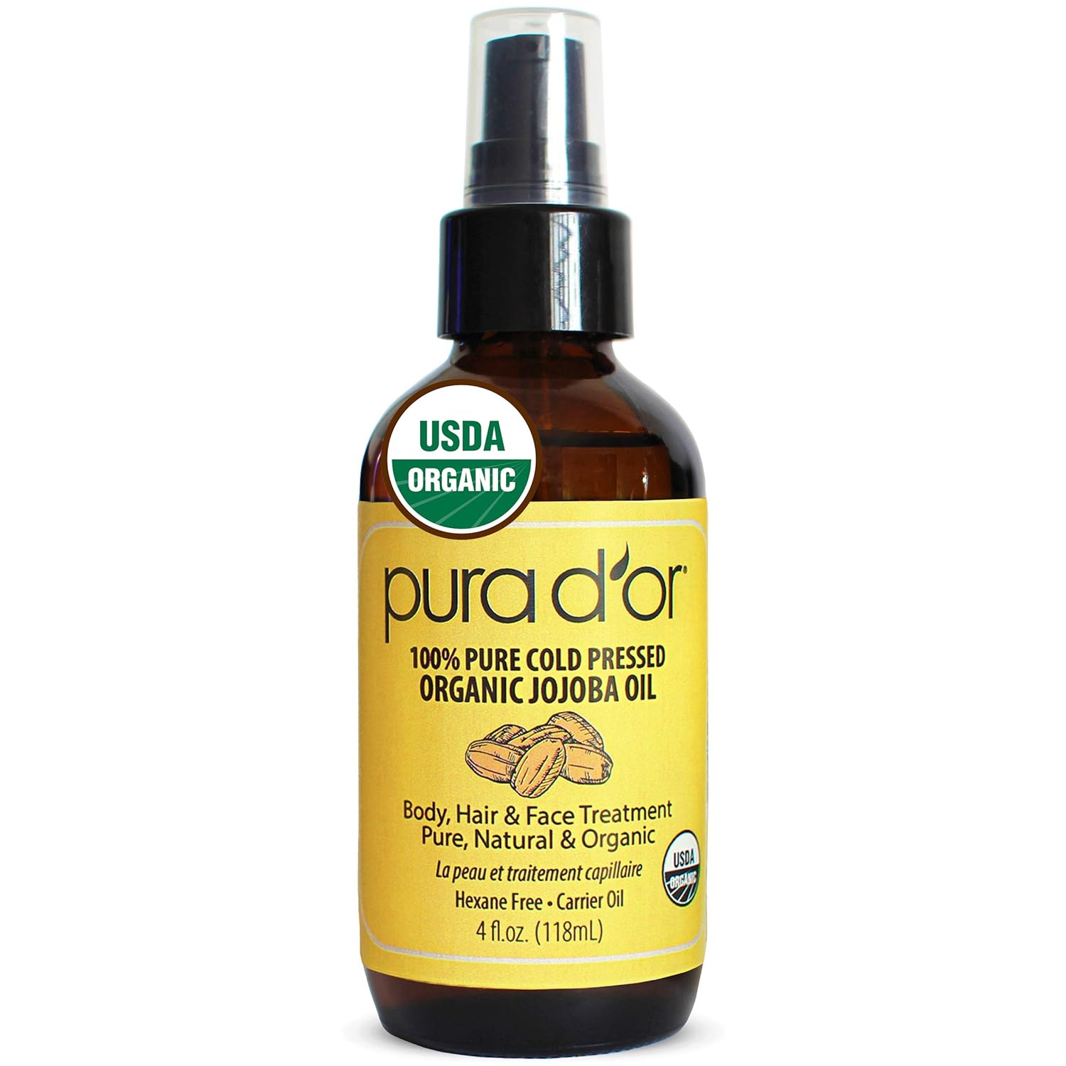 Pura D'Or Organic Jojoba Oil (4Oz / 118Ml) 100% Pure Usda Certified Premium Grade Natural Moisturizer: Cold Pressed,Unrefined,Hexane-Free Base Carrier For Diy Skin Care,Hair,Face & Nails
